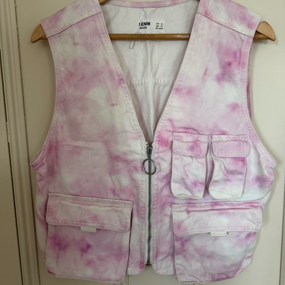 Zara Tie Dye Utility Vest Cargo Pocket Pink White Size M